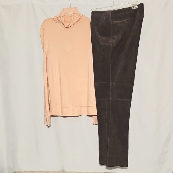 NWT April Cornell LOT: Brown Leather Suede Pants (XL/14) & Pink Top (L) - Picture 1 of 6
